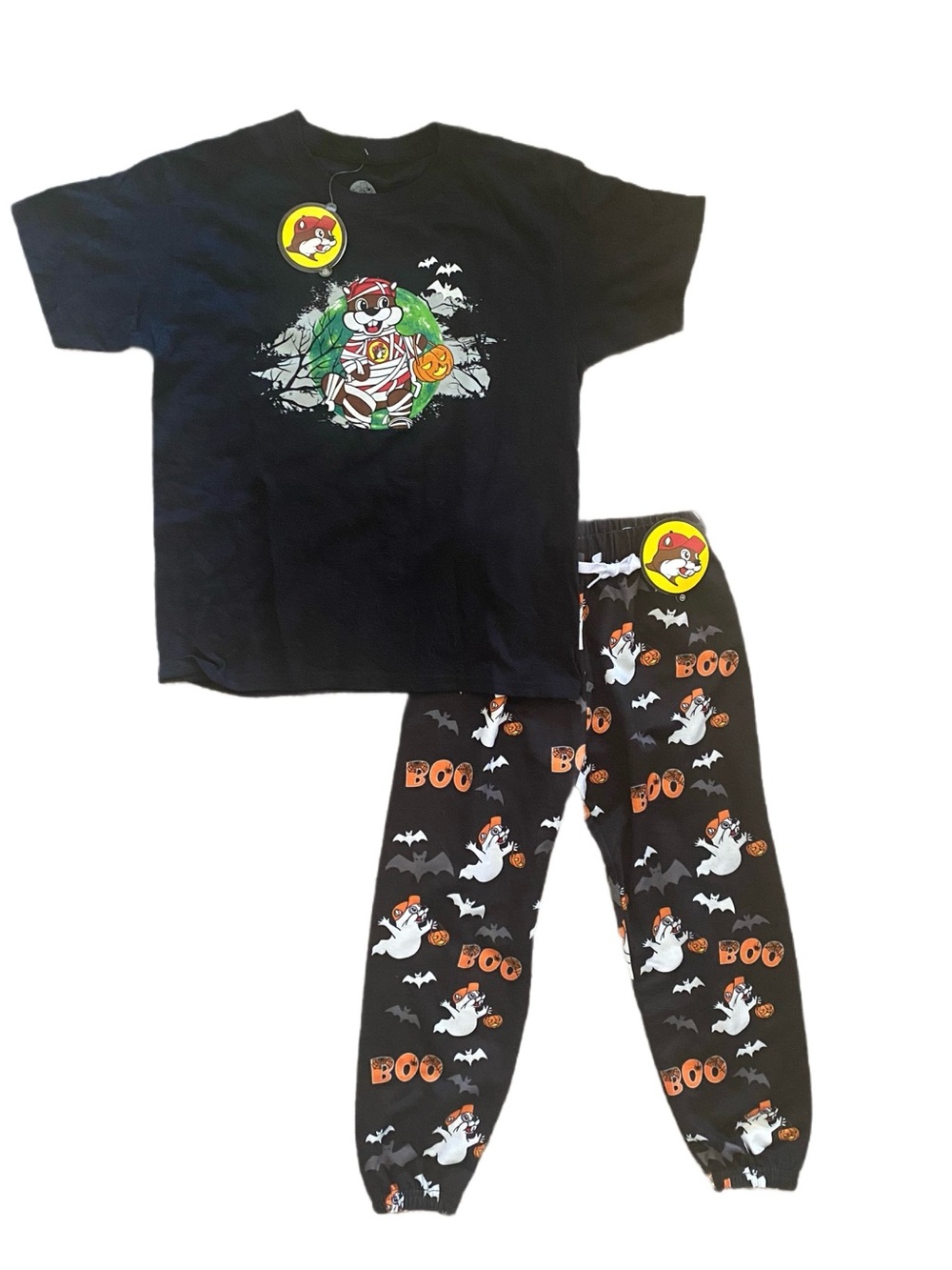 Buc-ee's Glow In The Dark Black Halloween Tee & Boo Ghost Pants Set